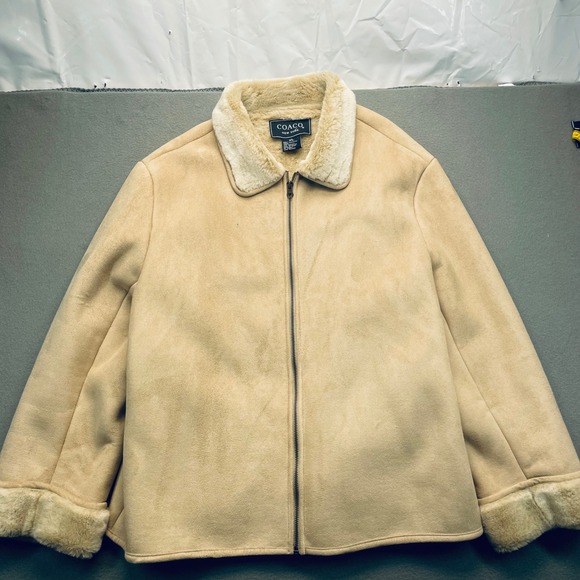 COACO New York VTG Faux Suede Shearling Lined Jacket Tan Cozy Zip Coat Women XL